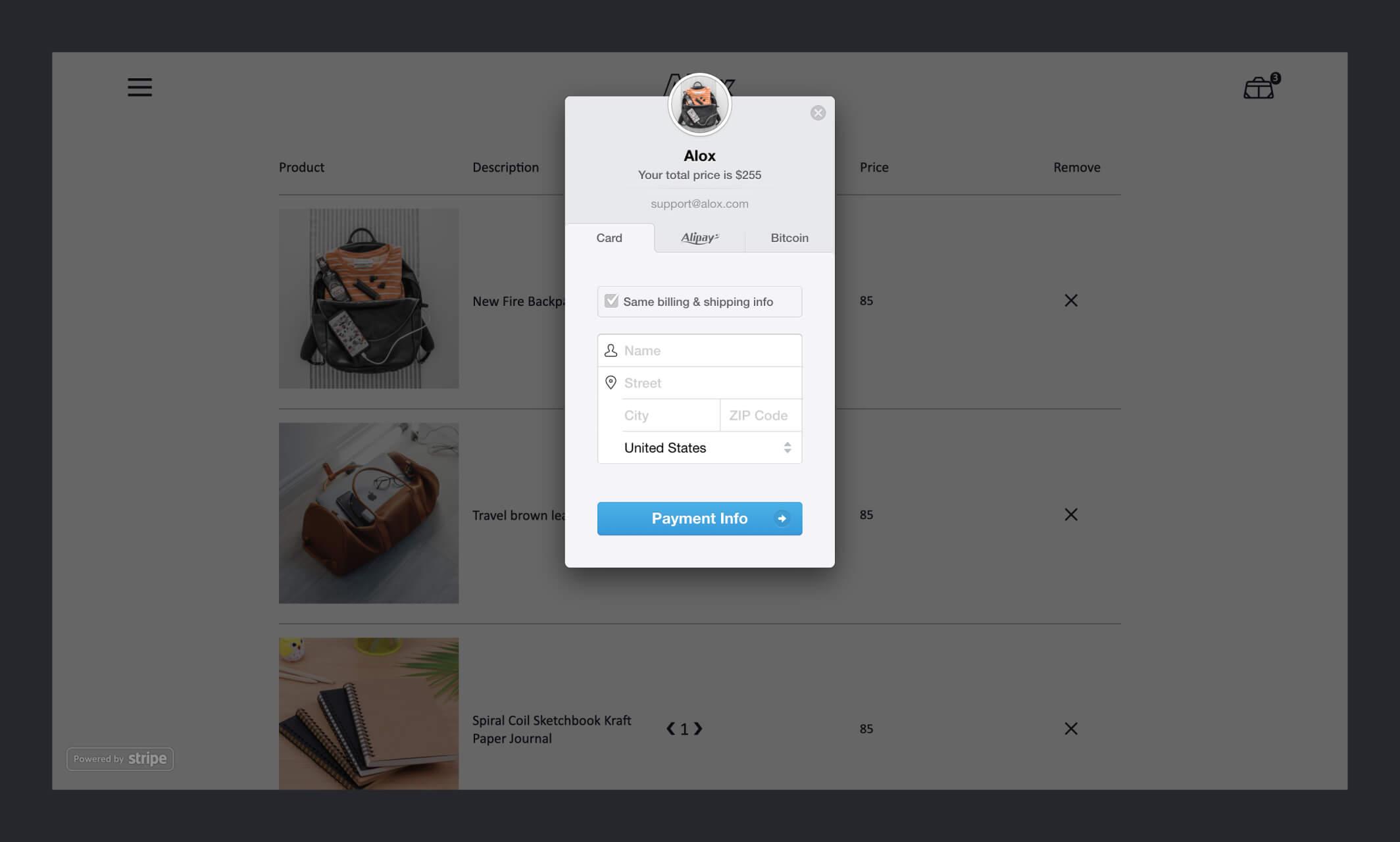 Checkout page with stripe payment modal open