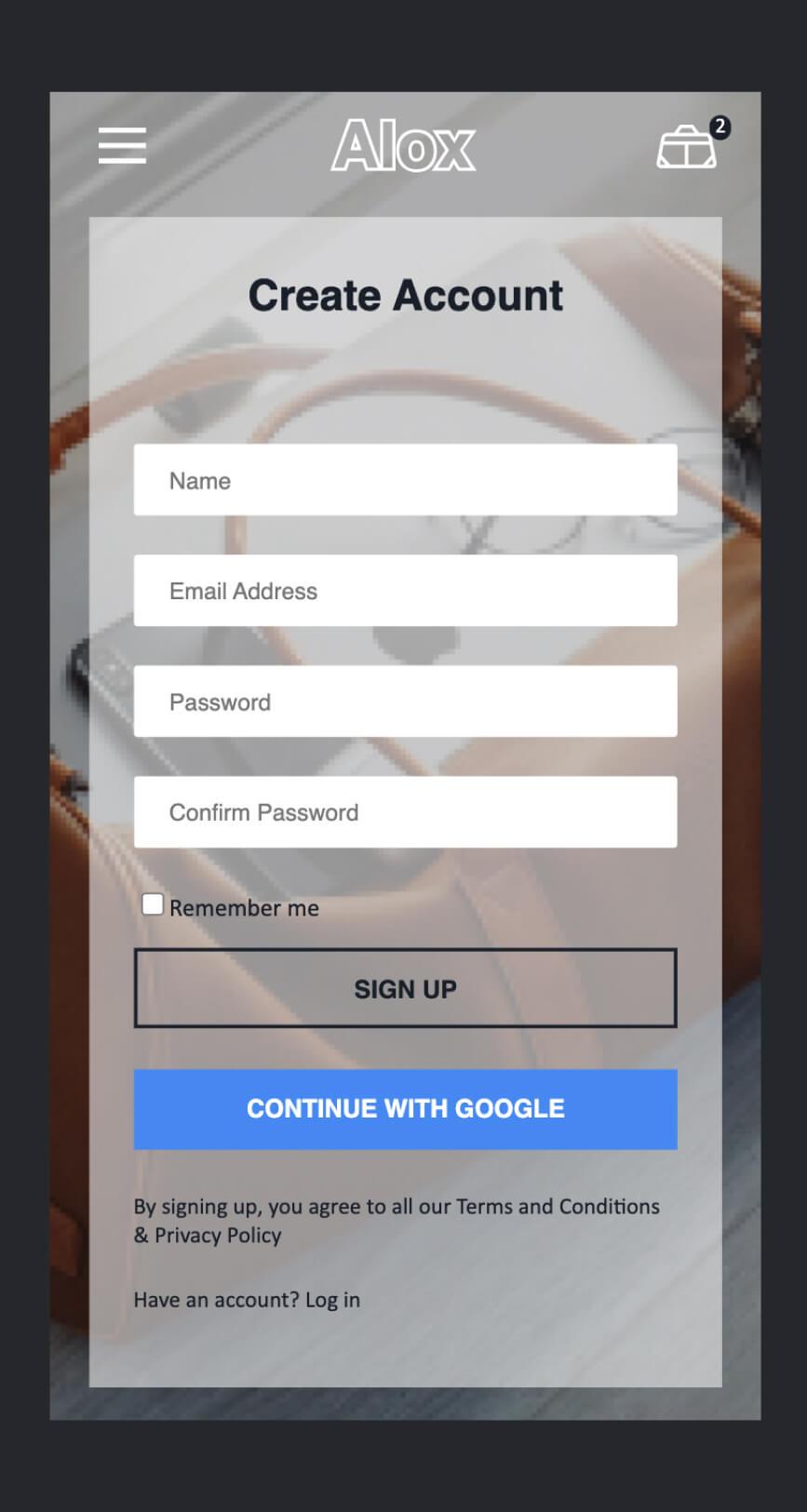 Authentication page in mobile view