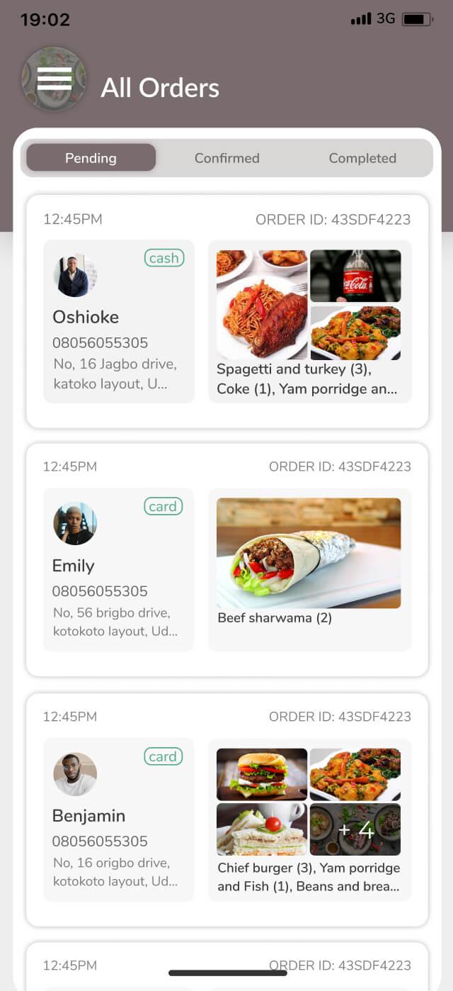Restaurant orders overview screen