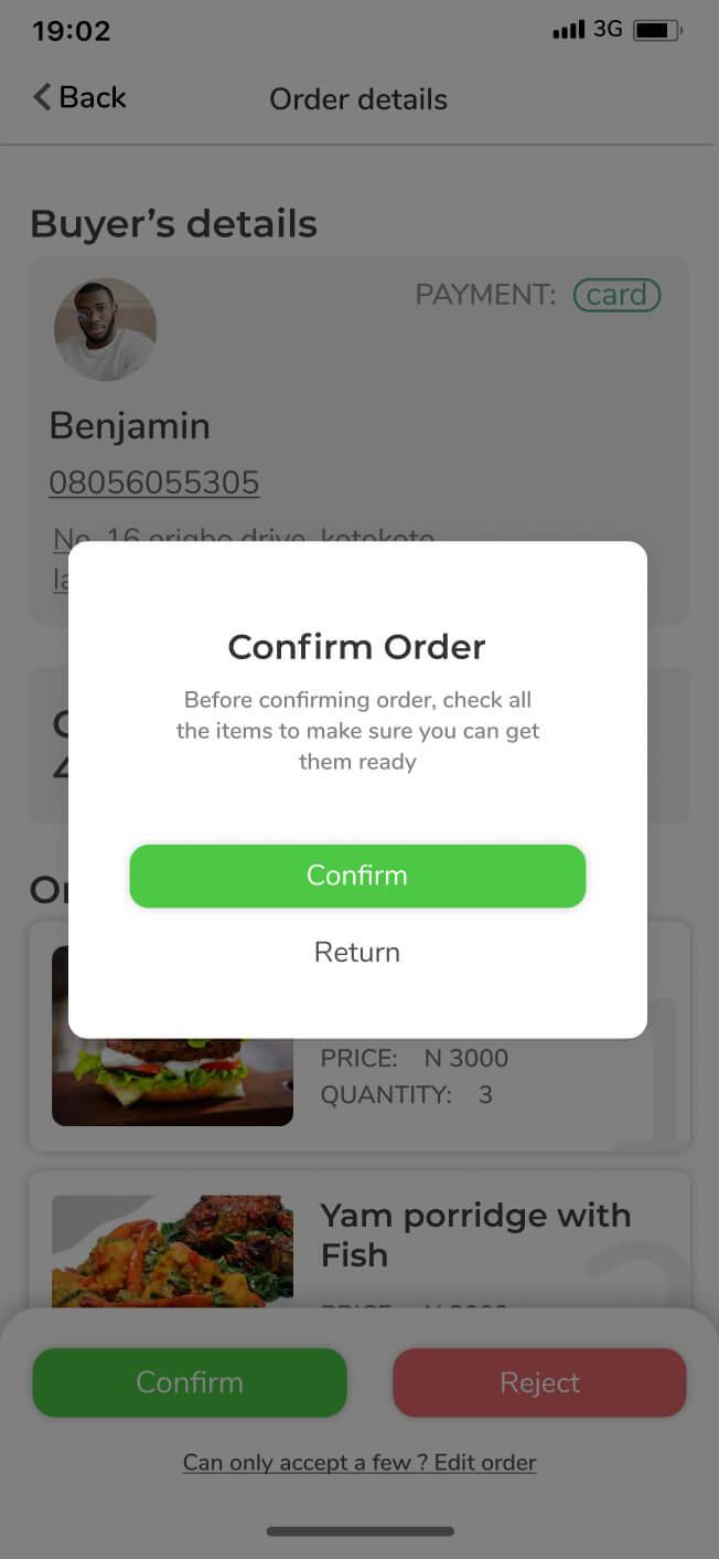 Orders details screen with confirmation modal open