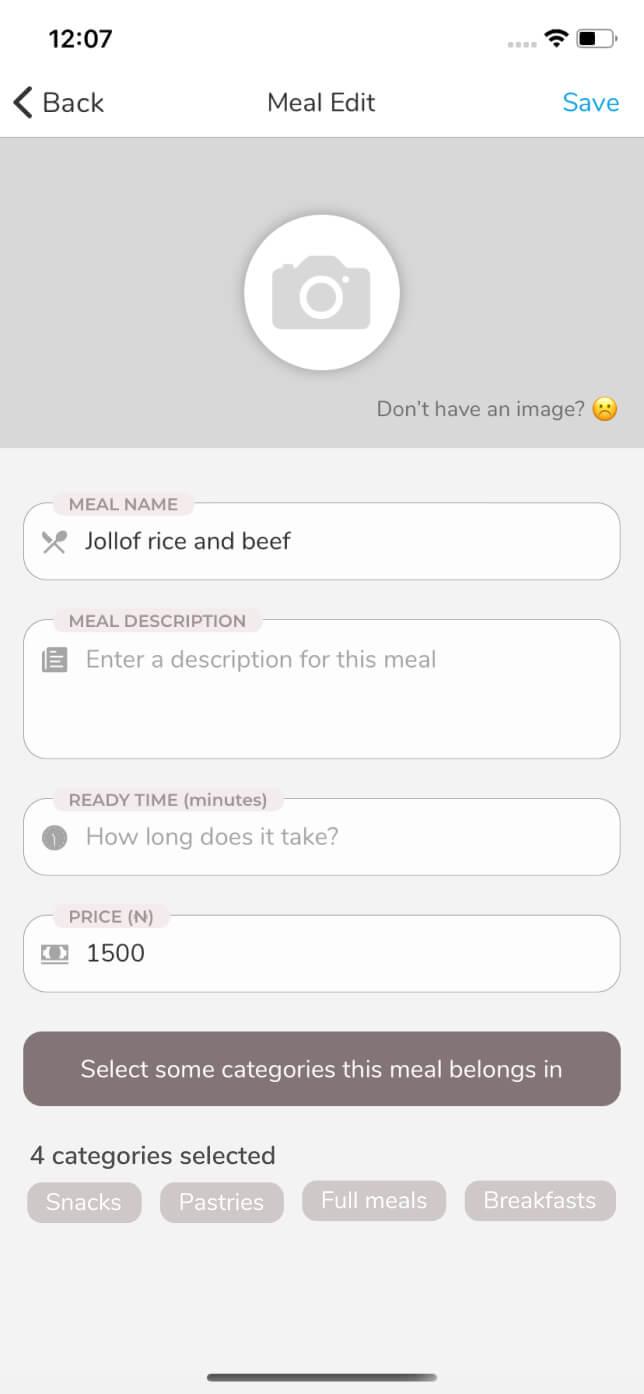 Restaurant meal edit screen