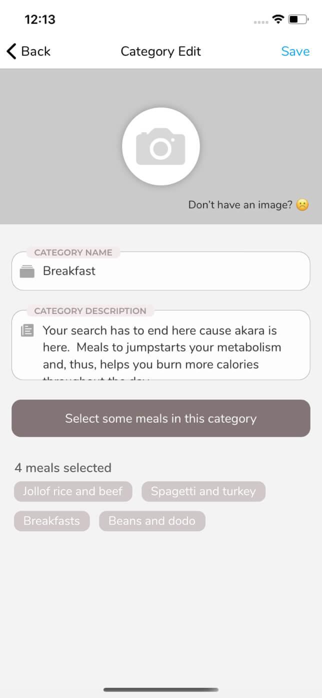 Restaurant menu category edit screen